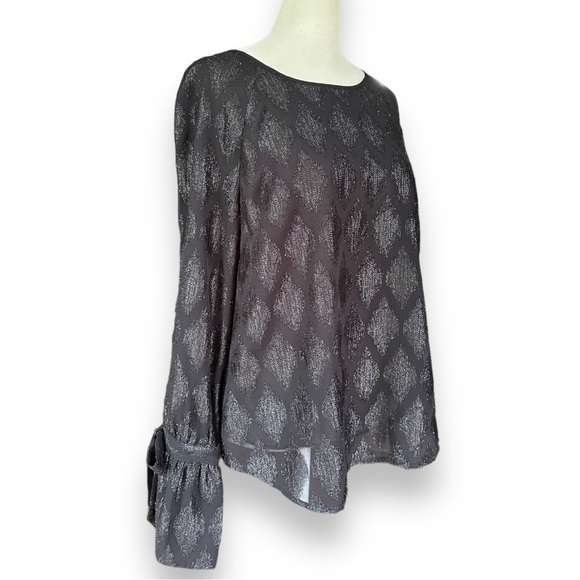 HALOGEN Sheer Black Metallic Diamond Brocade Sheer Long Sleeve Blouse | Size S - Picture 9 of 14